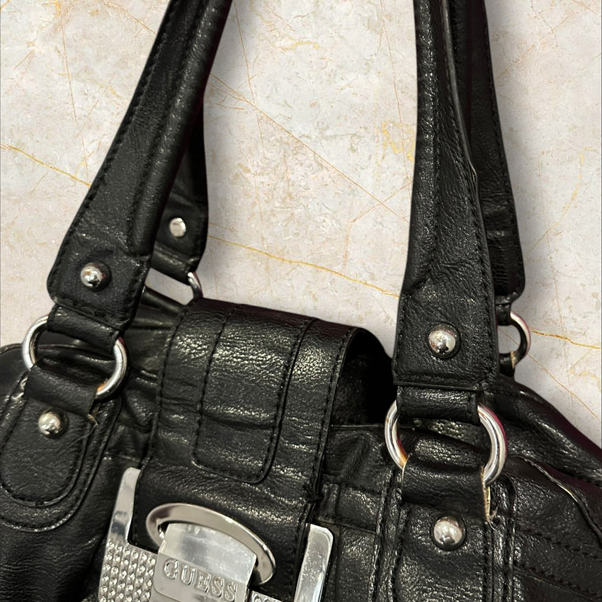 Y2K Guess Big Shoulder Bag – Schwarz Leder
