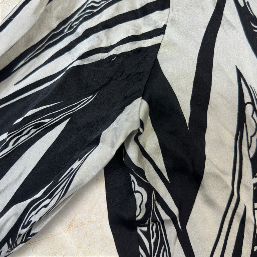 Roberto Cavalli Vintage Damen Seidenbluse — Schwarz-Weiß Baroque & Cyber Graphic Print Size L-XL