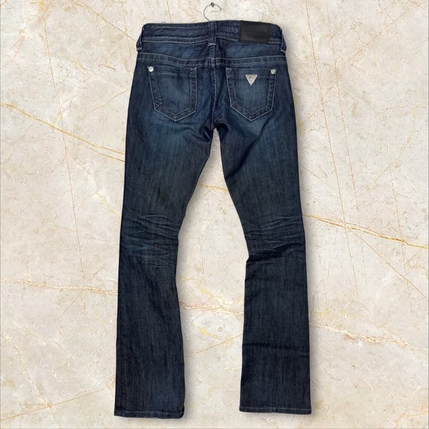 Guess Premium Vintage Damen Flared Jeans — Dark Raw Denim Low Waist Size 34 / XS
