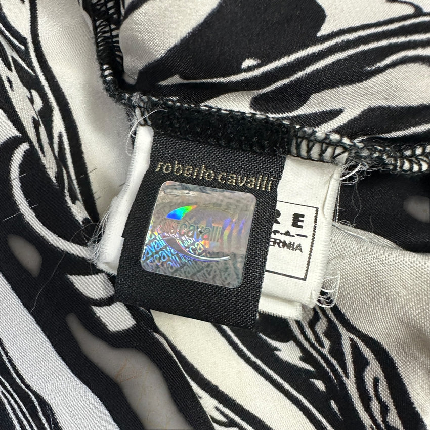 Roberto Cavalli Vintage Damen Seidenbluse — Schwarz-Weiß Baroque & Cyber Graphic Print Size L-XL