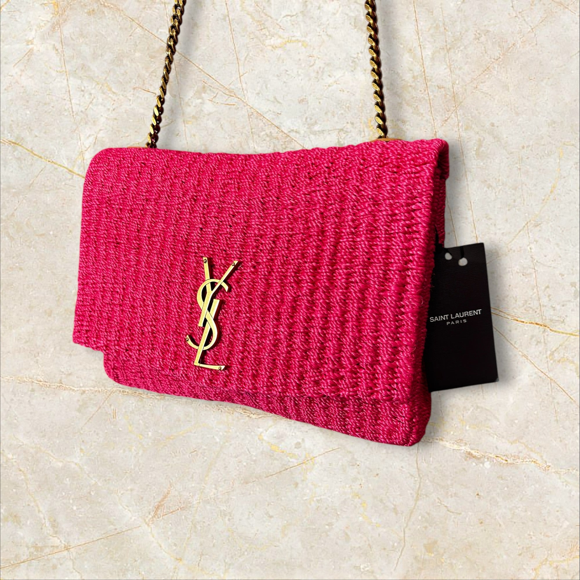 Yves Saint Laurent Kate Medium Raffia Crossbody – Pink (Ungetragen)