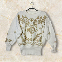 Escada by Margaretha Ley Vintage Strick-Longsleeve / Pullover — Cremeweiß mit Gold-Intarsien Size M