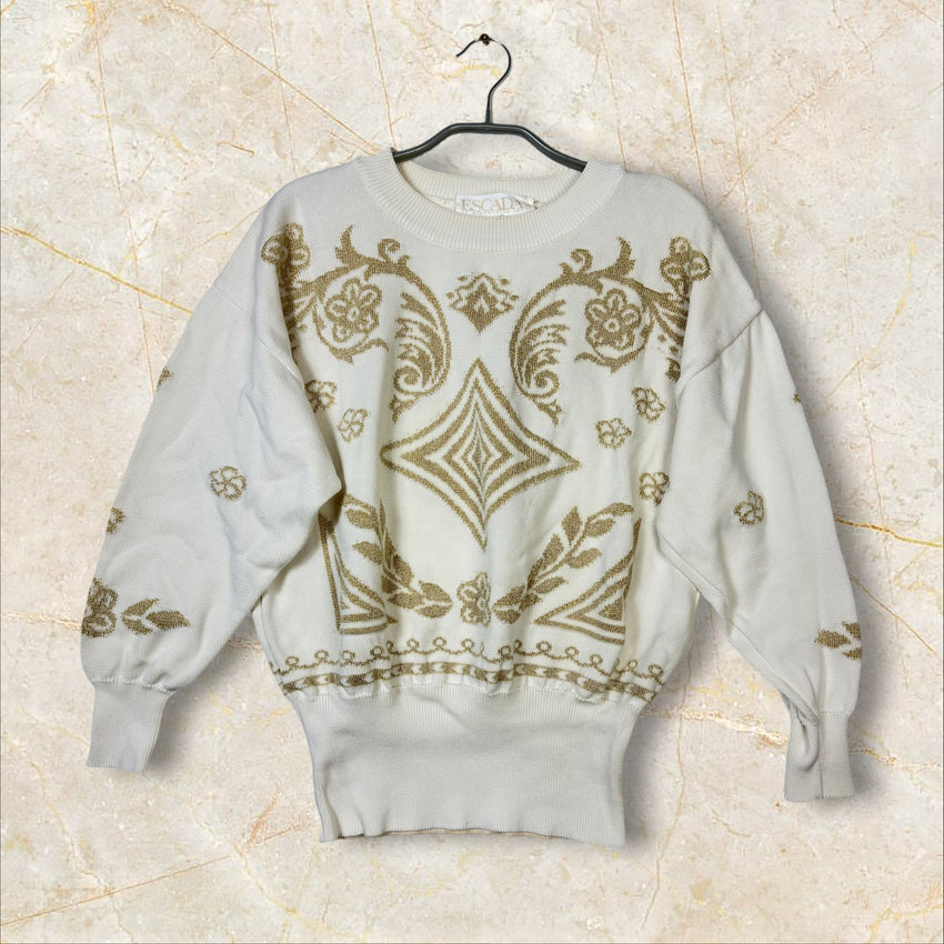 Escada by Margaretha Ley Vintage Strick-Longsleeve / Pullover — Cremeweiß mit Gold-Intarsien Size M
