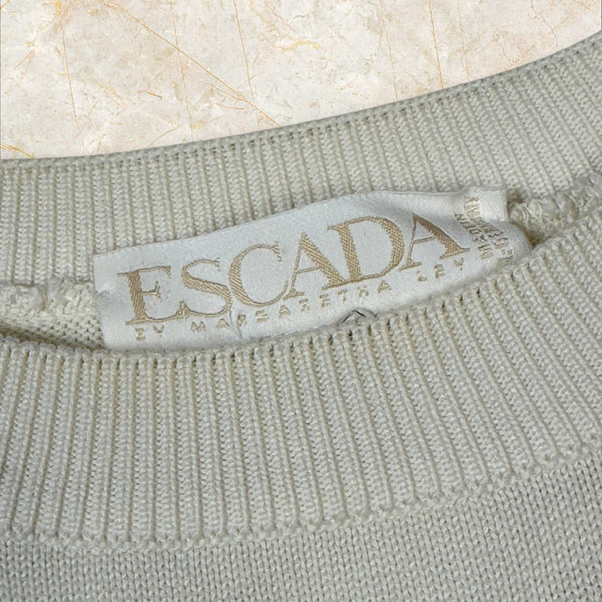 Escada by Margaretha Ley Vintage Strick-Longsleeve / Pullover — Cremeweiß mit Gold-Intarsien Size M