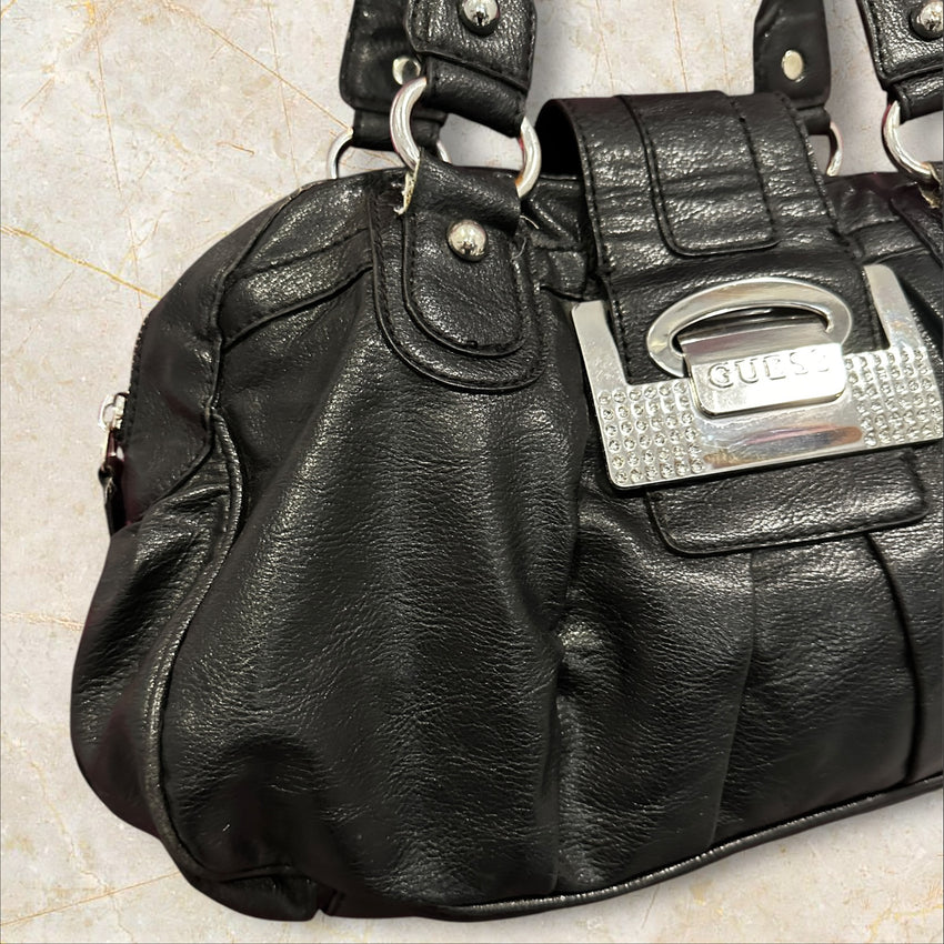Y2K Guess Big Shoulder Bag – Schwarz Leder