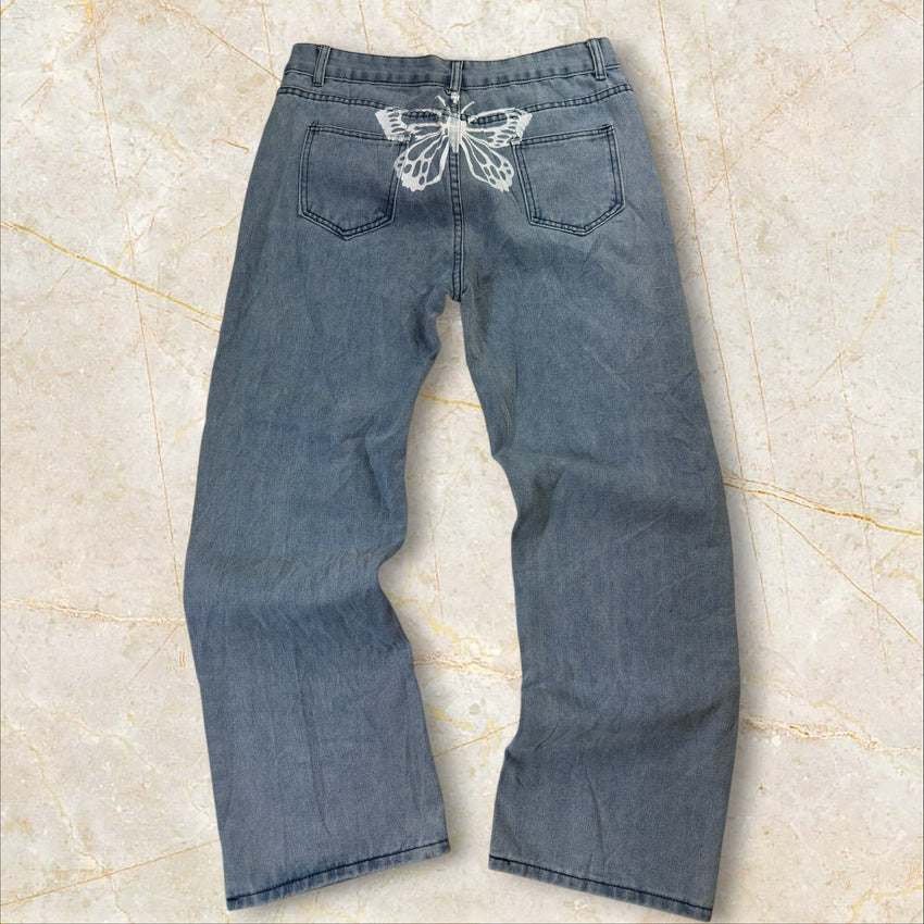 2000s China Style Baggy Jeans Butterfly Print Size 40 / L