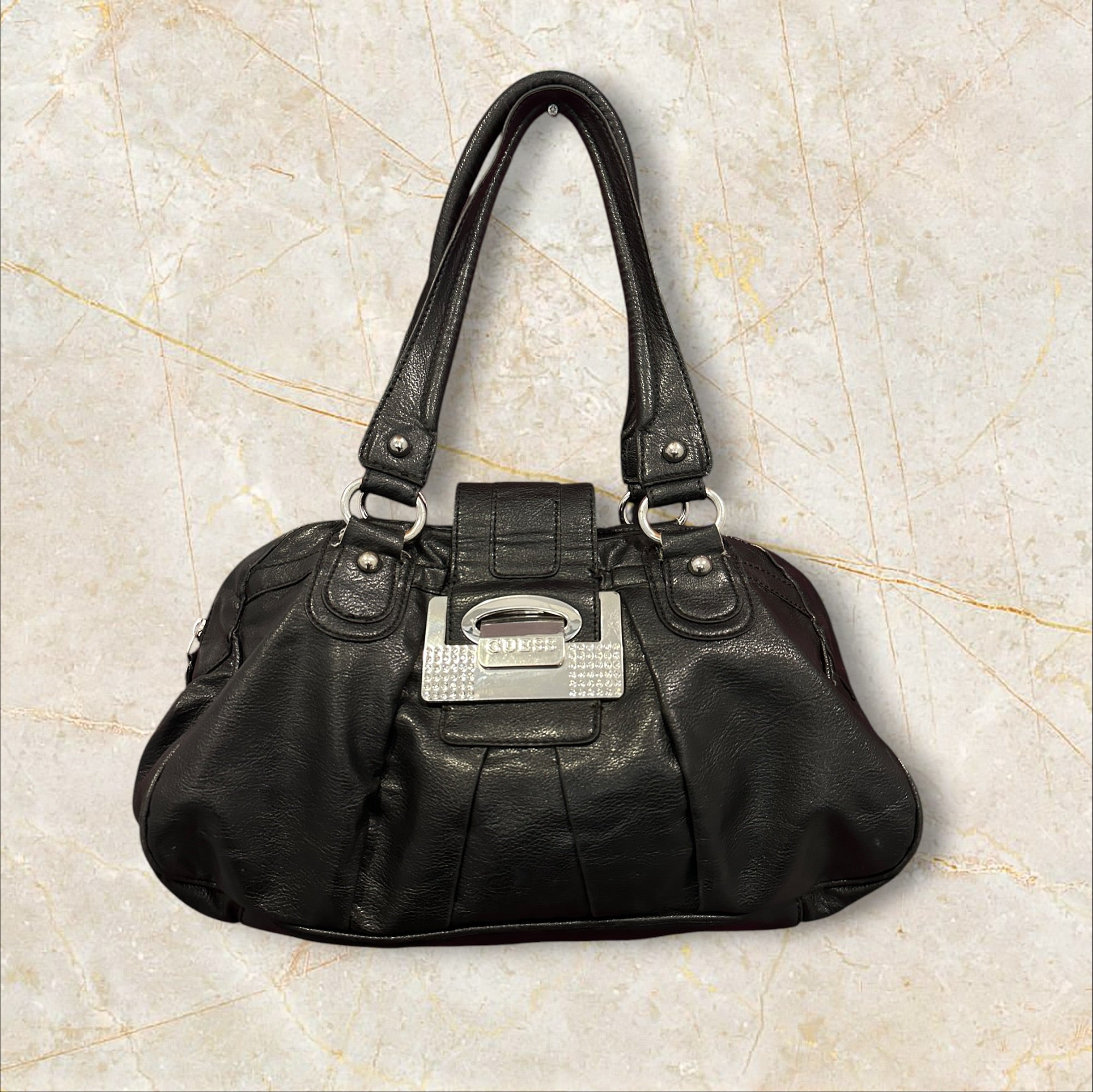 Y2K Guess Big Shoulder Bag – Schwarz Leder