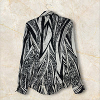 Roberto Cavalli Vintage Damen Seidenbluse — Schwarz-Weiß Baroque & Cyber Graphic Print Size L-XL