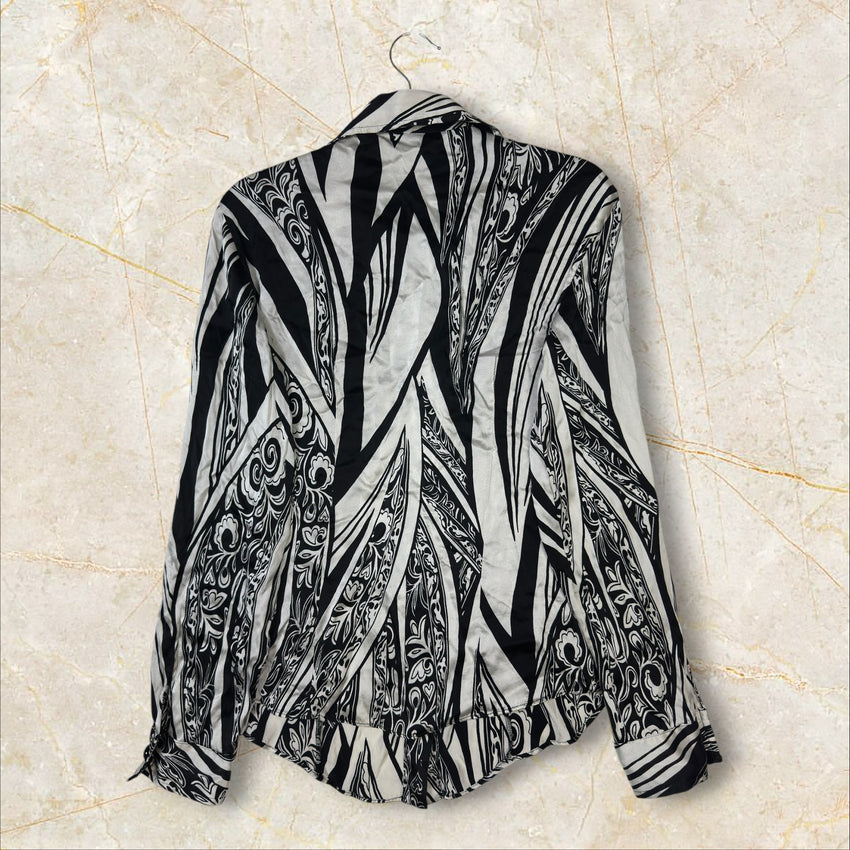Roberto Cavalli Vintage Damen Seidenbluse — Schwarz-Weiß Baroque & Cyber Graphic Print Size L-XL