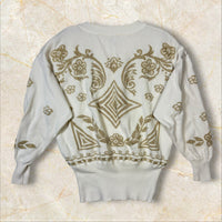Escada by Margaretha Ley Vintage Strick-Longsleeve / Pullover — Cremeweiß mit Gold-Intarsien Size M