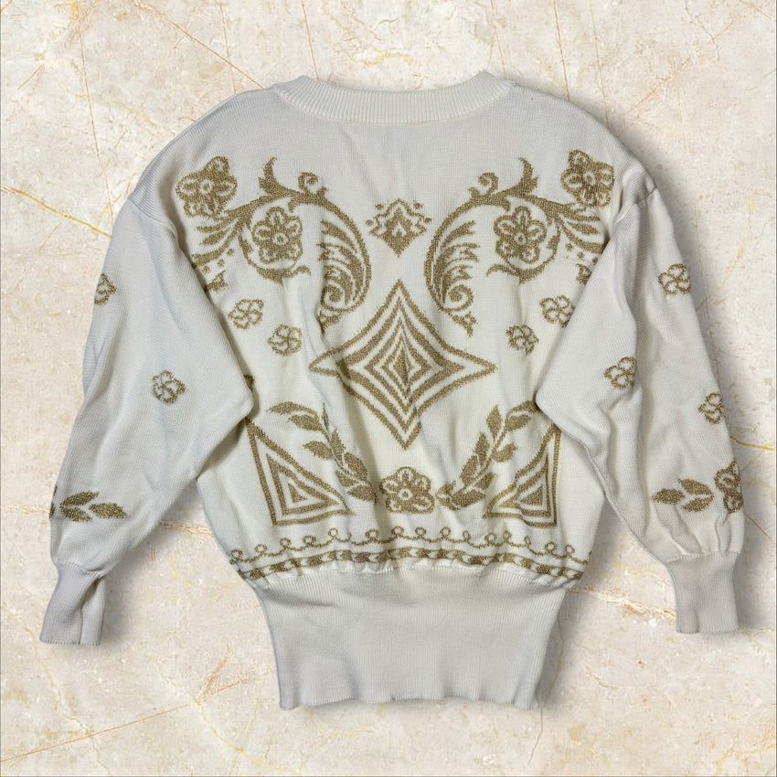 Escada by Margaretha Ley Vintage Strick-Longsleeve / Pullover — Cremeweiß mit Gold-Intarsien Size M