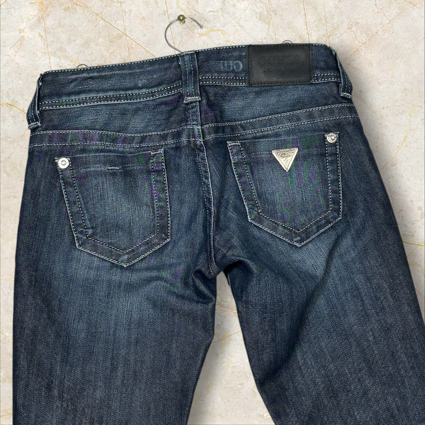 Guess Premium Vintage Damen Flared Jeans — Dark Raw Denim Low Waist Size 34 / XS